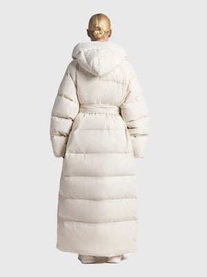 Recreated The North Face × SKIMS Nuptse Wrap Parka Puffer Coat in off-white with soft insulation and elegant wrap silhouette.