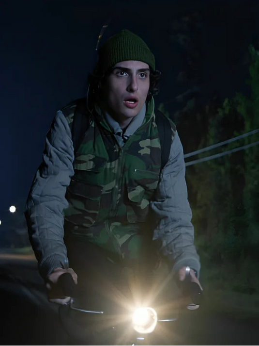 Green camo full-zip vest from Wrangler x Stranger Things season 5 with utility-inspired styling