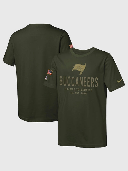 Nike 2025 Tampa Bay Buccaneers olive green T-shirt featuring Salute to Service sideline graphics.