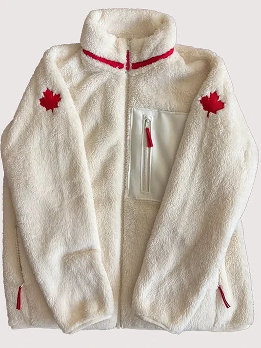 White RECREATED Province of Canada Shane Hollander Heated Rivalry sherpa fleece jacket with relaxed fit