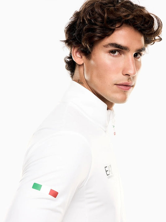 White Team Italy powerstretch jacket linked to EA7 Emporio Armani showcasing contemporary European sportswear style