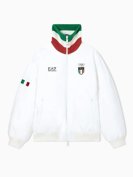 Milano Cortina 2026 Winter Olympics inspired white bomber jacket combining Team Italy identity with EA7 Emporio Armani performance style