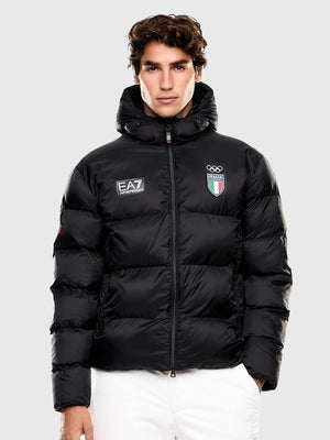 Milano Cortina 2026 themed black hooded parachute puffer jacket by EA7 Emporio Armani featuring lightweight warmth and functional silhouette