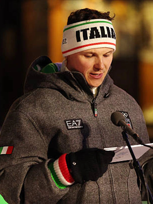 Charcoal grey wool bomber jacket recreated from the Milano Cortina 2026 Winter Olympics Opening Ceremony, inspired by Team Italy and EA7 Emporio Armani styling.