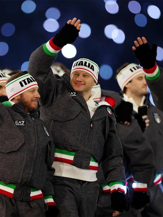 Charcoal grey wool bomber jacket recreated from the Milano Cortina 2026 Winter Olympics collection with understated ceremony-ready detailing.