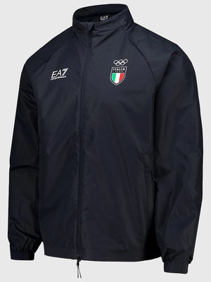 Navy full-zip tech jacket linked to Milano Cortina 2026 Winter Olympics showcasing EA7 Emporio Armani’s elevated sportswear approach