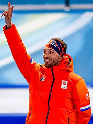 Recreated Milano Cortina 2026 Winter Olympics opening ceremony orange puffer jacket associated with Team Netherlands and Kjeld Nuis