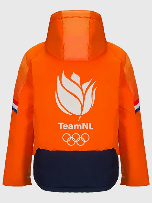 Recreated orange puffer jacket from Milano Cortina 2026 Winter Olympics opening ceremony with sporty detailing and padded build