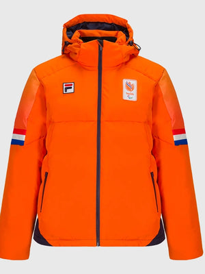Team Netherlands orange insulated jacket inspired by Kjeld Nuis for Milano Cortina 2026, sleek fit and cold weather comfort