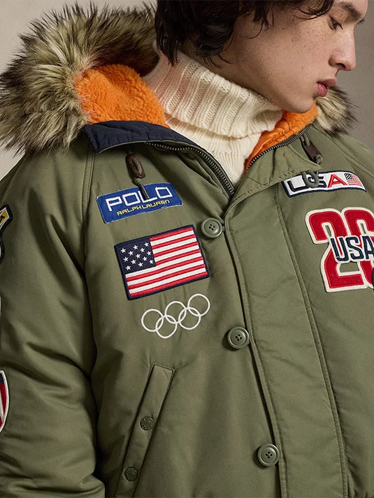 Fur hooded green bomber jacket from Polo Ralph Lauren inspired by Team USA Milano Cortina 2026 Olympics