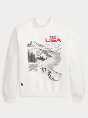 Team USA Milano Cortina 2026 white mockneck sweatshirt crafted in soft fleece with graphic detailing by Polo Ralph Lauren