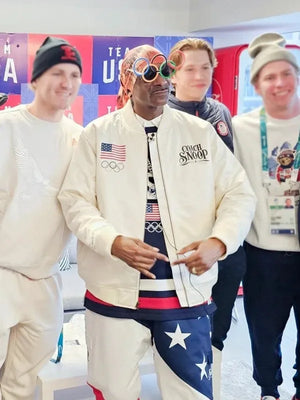 Recreated 2026 Olympic Team USA white satin jacket with lightweight lining and vintage varsity-style silhouette