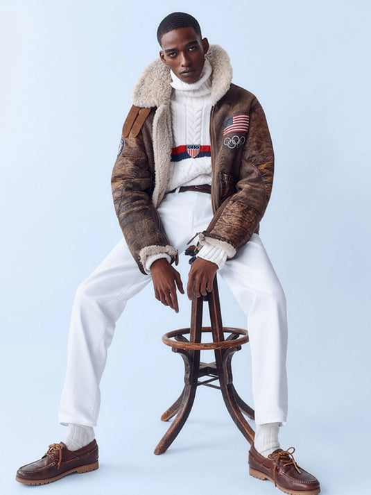 Team USA–inspired brown leather aviator jacket recreated for 2026 Winter Olympics fashion