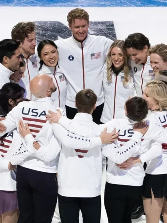 Recreated Milano Cortina 2026 Winter Olympics Save The Duck US Figure Skating Team jacket in white quilted fabric with sleek insulated feel