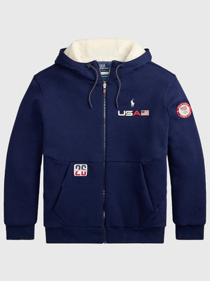 Polo Ralph Lauren Team USA navy blue fleece sherpa hoodie inspired by Milano Cortina 2026 Winter Olympics style