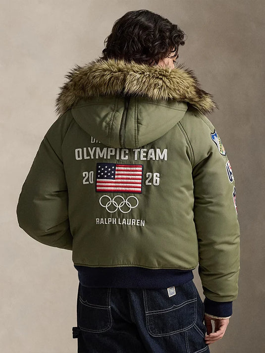 Team USA 2026 Milano Cortina Olympic bomber jacket in green with structured silhouette and warm outerwear design