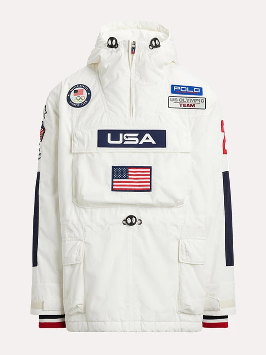 White insulated hooded anorak jacket linked to Milano Cortina 2026 Winter Olympics showcasing Polo Ralph Lauren’s contemporary sportswear approach