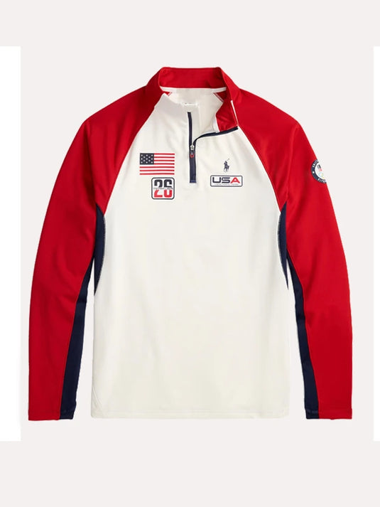 Polo Ralph Lauren Team USA red and white fleece pullover featuring quarter zip closure and relaxed cold-weather styling