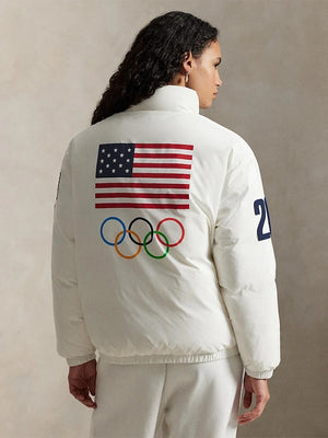 Team USA inspired white graphic down puffer jacket from Polo Ralph Lauren with quilted construction and cold-weather comfort