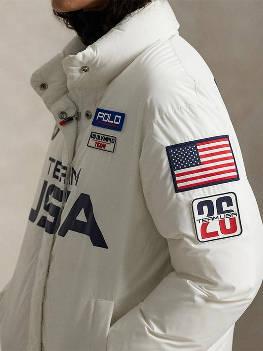White Polo Ralph Lauren down puffer jacket reflecting Team USA winter sportswear heritage and modern design