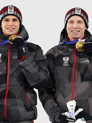 Recreated Milano Cortina 2026 Winter Olympics Ski Jumping Event Team Austria grey hooded jacket with insulated construction and athletic winter styling