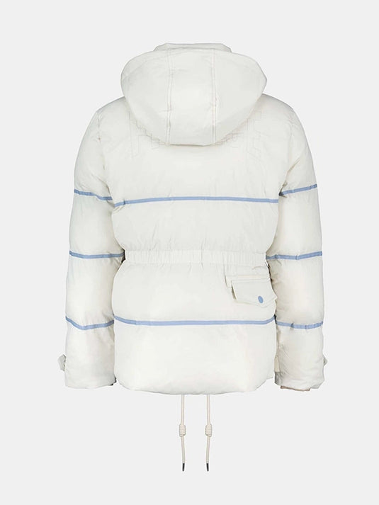 Recreated Team France hooded puffer jacket in beige featuring lightweight warmth and unisex fit