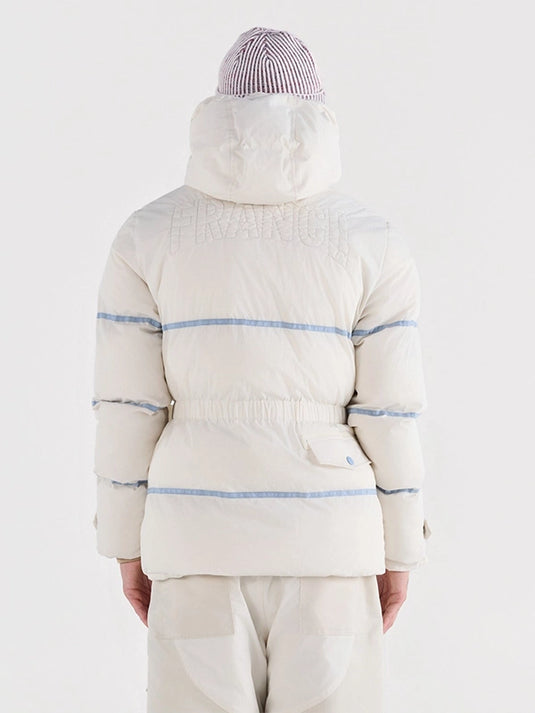 Beige hooded puffer jacket inspired by Team France Winter Olympics 2026 opening ceremony style