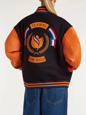 Recreated Team Netherlands varsity jacket by Denham offering comfortable interior lining and timeless collegiate style