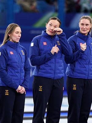 Blue Team Sweden curling event puffer jacket inspired by Milano Cortina 2026 featuring full-zip front and lightweight warmth