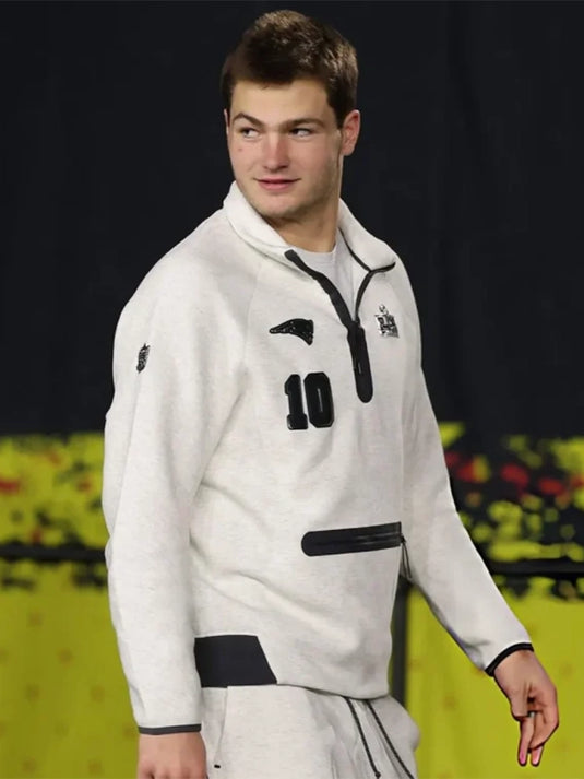 Recreated grey quarter zip jacket with Nike Tech Fleece fabric, styled after Drake Maye’s 2026 Super Bowl LX Opening Night appearance for the Patriots.