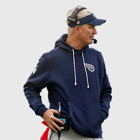 Mike McCoy Tennessee Titans 2025 Nike navy sideline pullover hoodie in soft club fleece.