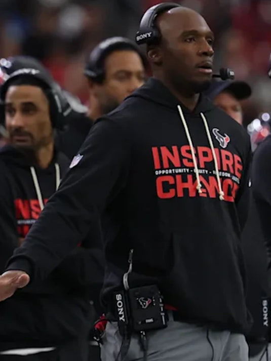 Black Nike Houston Texans sideline pullover hoodie from the 2025 Inspire Change lineup with bold typography