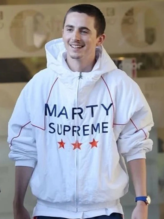 White full zip Marty Supreme England 2025 hoodie jacket inspired by Timothée Chalamet with soft fabric and minimalist styling