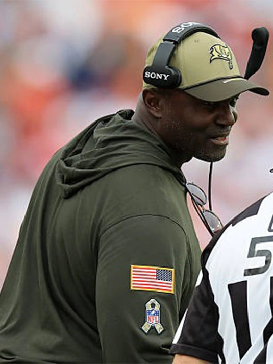 Tampa Bay Buccaneers 2025 olive green hooded shirt crafted for Salute to Service and coach-inspired fit.