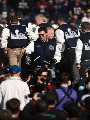 Recreated Super Bowl LX MVP wool varsity jacket in navy and white with sporty panel contrast