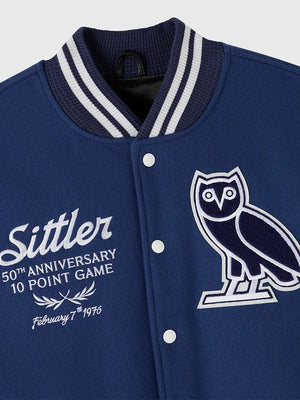 Toronto Maple Leafs inspired OVO wool varsity jacket recreated in blue with premium leather sleeve detailing