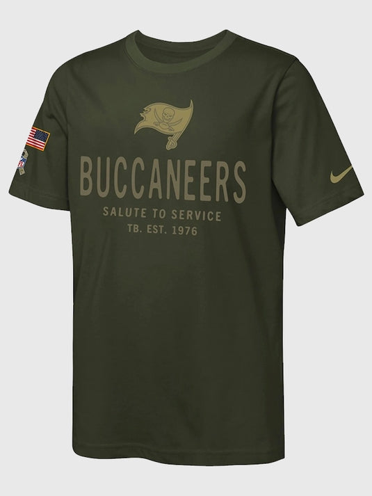 Olive green Tampa Bay Buccaneers 2025 sideline T-shirt with breathable Nike Dri-FIT fabric.