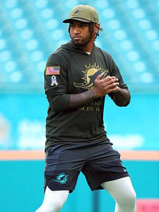 Forest green Miami Dolphins 2025 Salute to Service hooded pullover T-shirt crafted with lightweight Dri-FIT comfort.