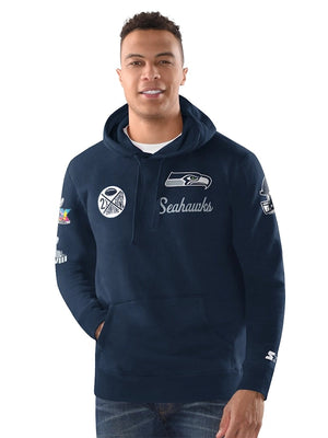 Recreated Seattle Seahawks Starter Two‑Time Super Bowl Champions classic fleece hoodie in navy with bold championship graphics