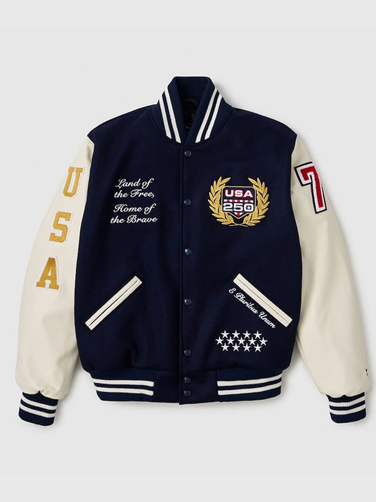 RECREATED Fanatics USA 250th Anniversary limited edition full-snap wool varsity jacket in navy with leather sleeves