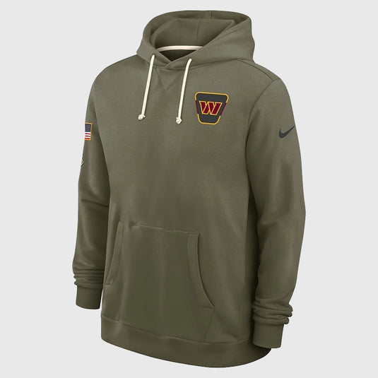Olive green Washington Commanders hoodie from Nike’s 2025 Sideline collection with performance Dri-FIT material.