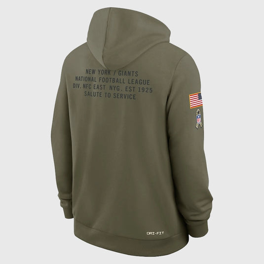Olive green Nike hoodie for New York Giants fans, part of the 2025 Salute to Service Sideline collection.