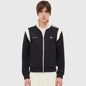 Recreation of Adidas x Wales Bonner 2025 unisex track jacket in black, merging sport heritage with refined design.