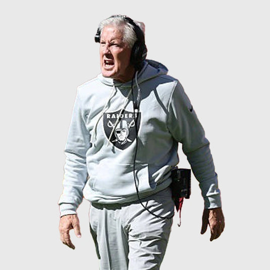Raiders Grey Sideline Pullover Hoodie 2025 edition inspired by Coach Pete Carroll’s game-day outerwear.