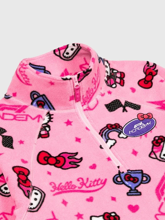 Recreation Unisex Hello Kitty Pink Fleece Jacket with Formula 1 Academy inspired all over print.