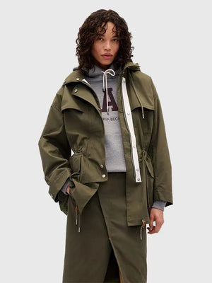 2026 Gap Victoria Beckham Parka crafted with smooth finish, adjustable hood, and modern streetwear utility appeal