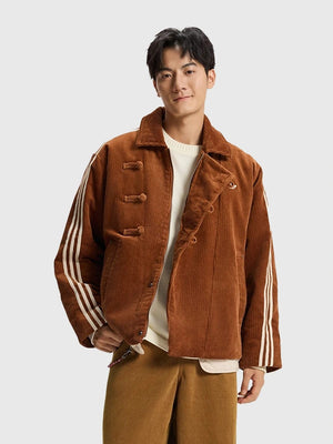 Adidas SS26 Chinese New Year recreation jacket in brown featuring corduroy detailing and insulated build