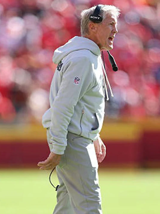 2025 Las Vegas Raiders Grey Sideline Hoodie inspired by Coach Pete Carroll’s sideline style with a classic pullover fit.