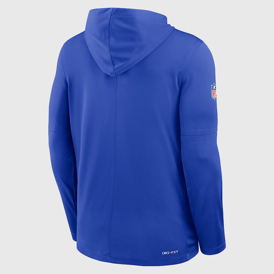 LA Rams 2025 sideline hoodie t-shirt in blue inspired by Coach Sean McVay’s game-day look.