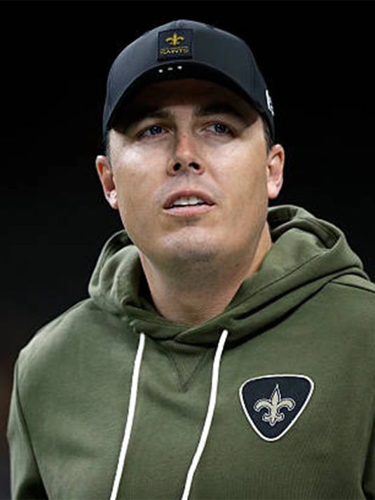 Olive Green Fleece Hoodie featuring the 2025 Salute to Service design worn by Coach Kellen Moore and the Saints staff.